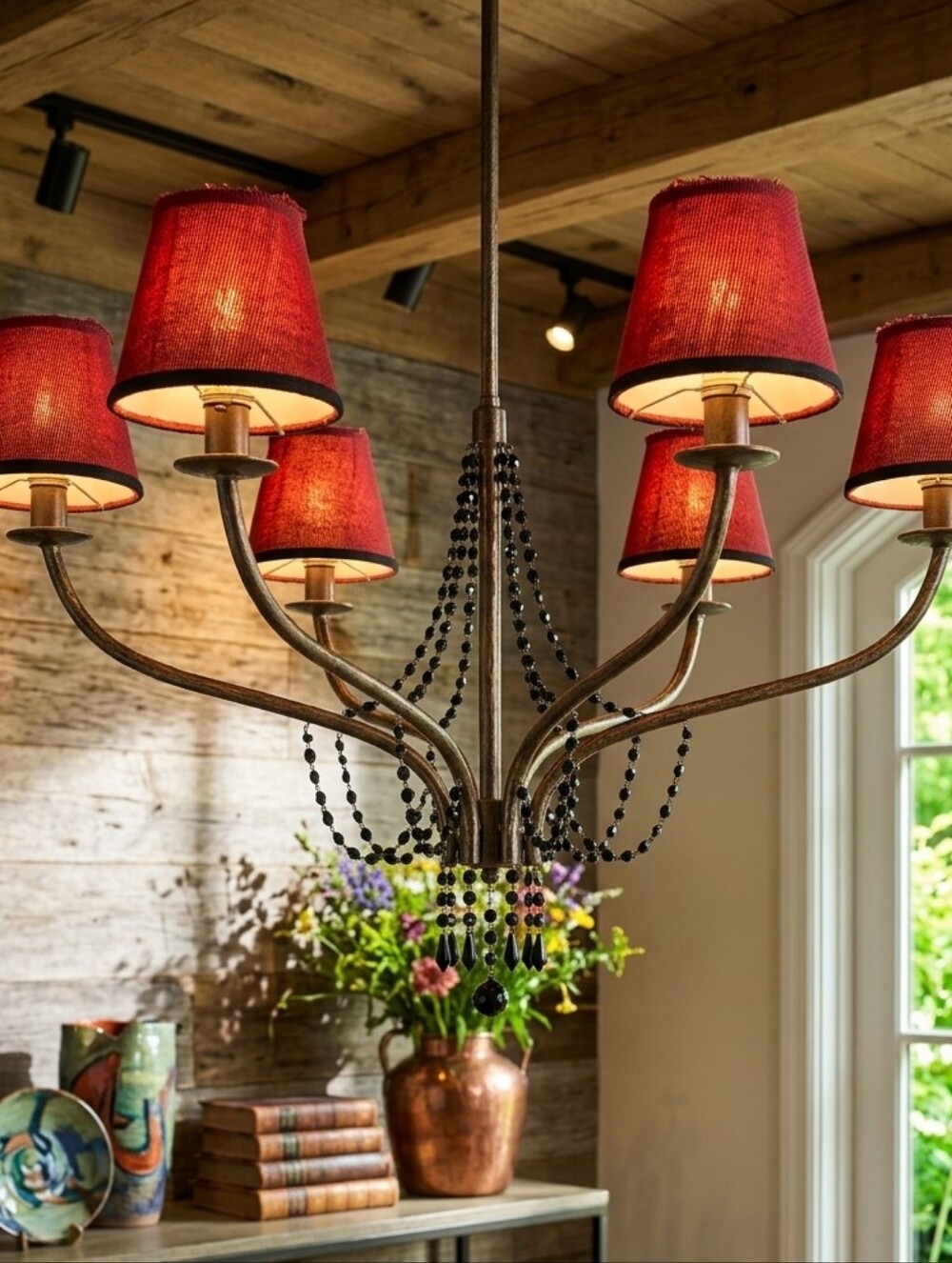 FIVE (5) Red and Black Chandlier Lampshades